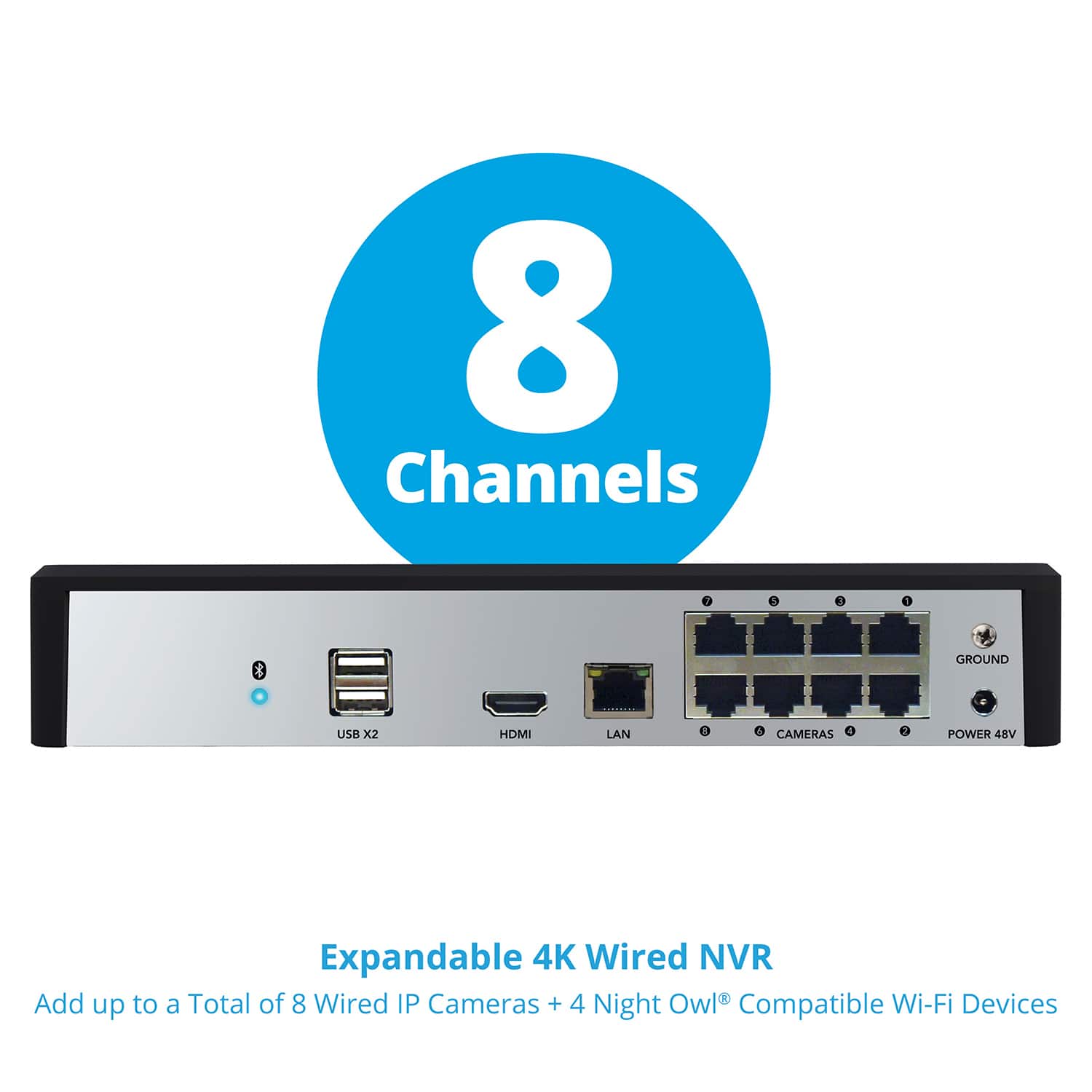 8 Channels 4K Wired NVR 7 5 - 1 GROUND USB x2 HDMI LAN 1 - CAMERAS d 1 POWER 48V Expandable Add up to a Total of 8 Wired IP Cameras + 4 Night Owl Compatible Wi-Fi Devices