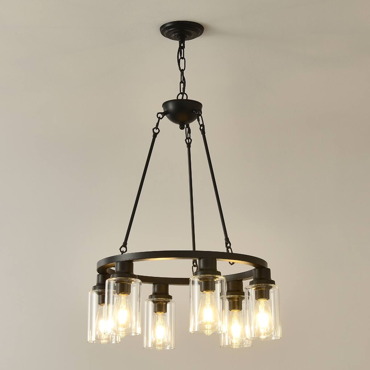 Alt View 1. Loheer - Loheer Six Light Wagon Wheel Chandelier Matte Black Farmhouse Ceiling Light with Seeded Glass and E26 Sockets.