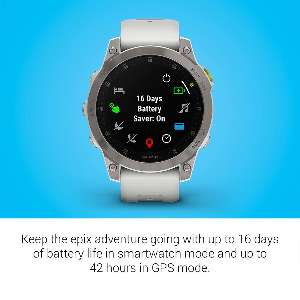UP-MENU LIGHT 50 45  HM00 60 55 16 Days Battery Saver: On 35 GARMIN 05 + 25 START III STOP 1s 8 LAP BACK

Keep the epix adventure going with up to 16 days of battery life in smartwatch mode and up to 42 hours in GPS mode.