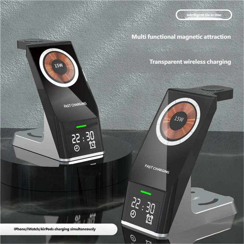 Intelligent Six in One Multi functional magnetic attraction  
15W Transparent wireless charging  
FAST CHARGING 22:30  
15W FAST CHARGING 22:30  
iPhone/iWatch/AirPods charging simultaneously
