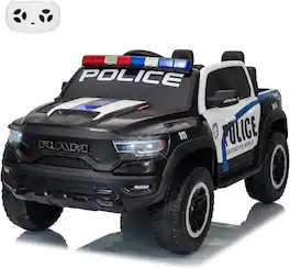 GARVEE - 12V Licensed RAM 2-Seater Ride-On Police Truck for Kids, Remote, 3 Speeds, LED Lights, Music, Suspension, Truck Bed - Black and White