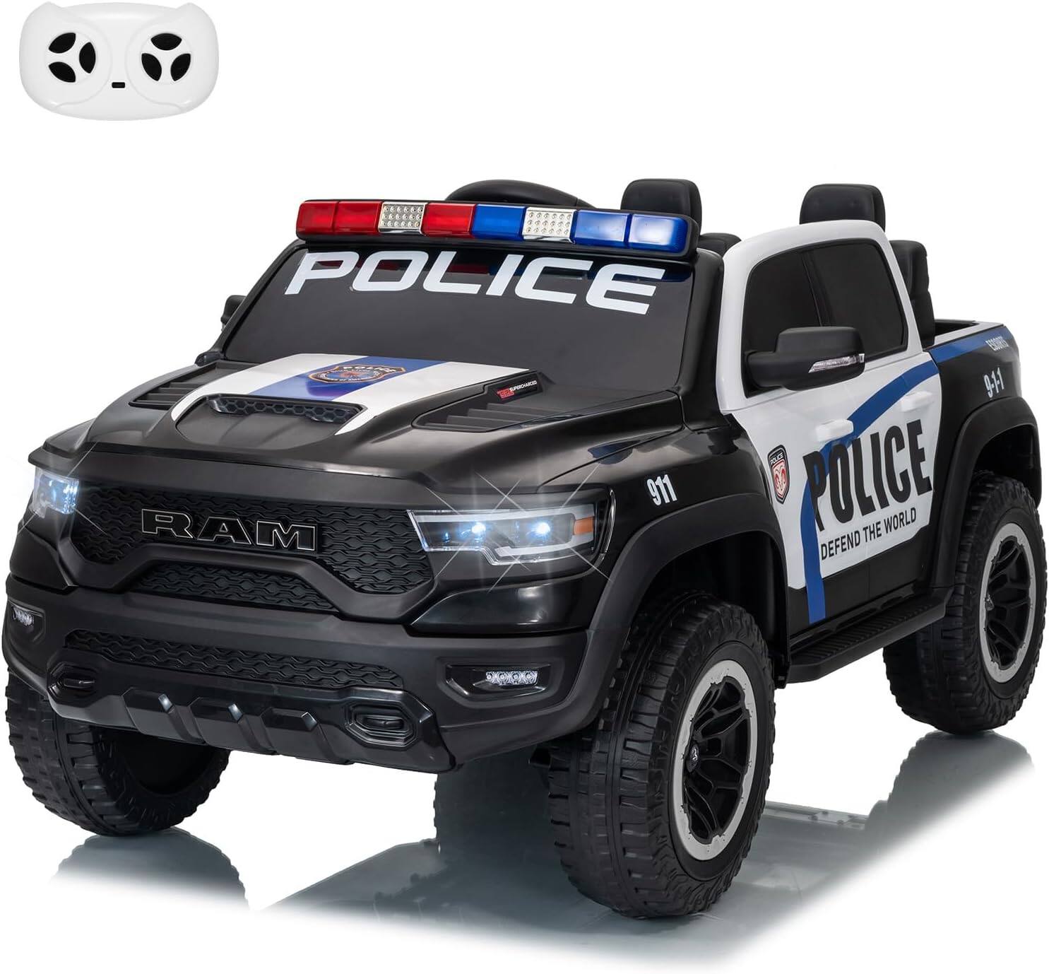 GARVEE - 12V Licensed RAM 2-Seater Ride-On Police Truck for Kids, Remote, 3 Speeds, LED Lights, Music, Suspension, Truck Bed - Black and White