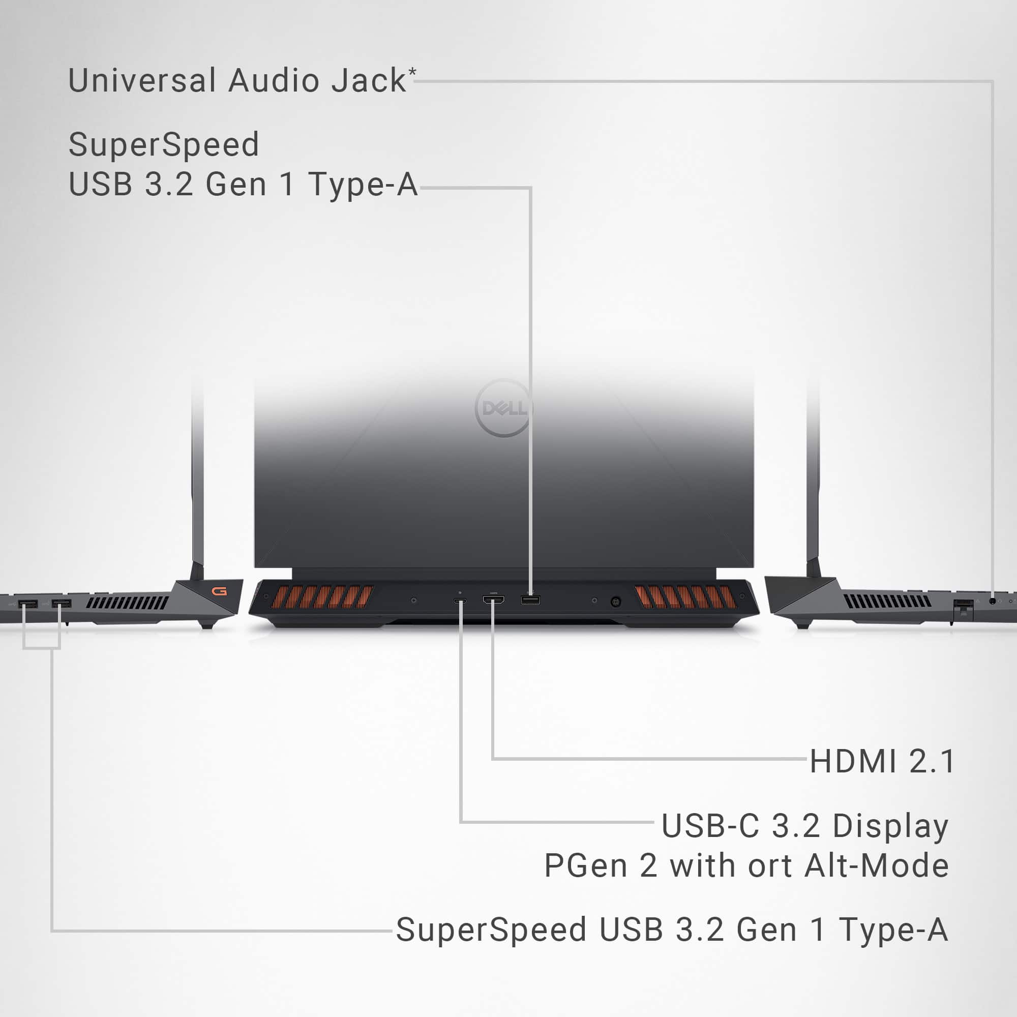 Universal Audio Jack* SuperSpeed USB 3.2 Gen 1 Type-A DOLL HDMI 2.1 USB-C 3.2 Display PGen 2 with ort Alt-Mode SuperSpeed USB 3.2 Gen 1 Type-A