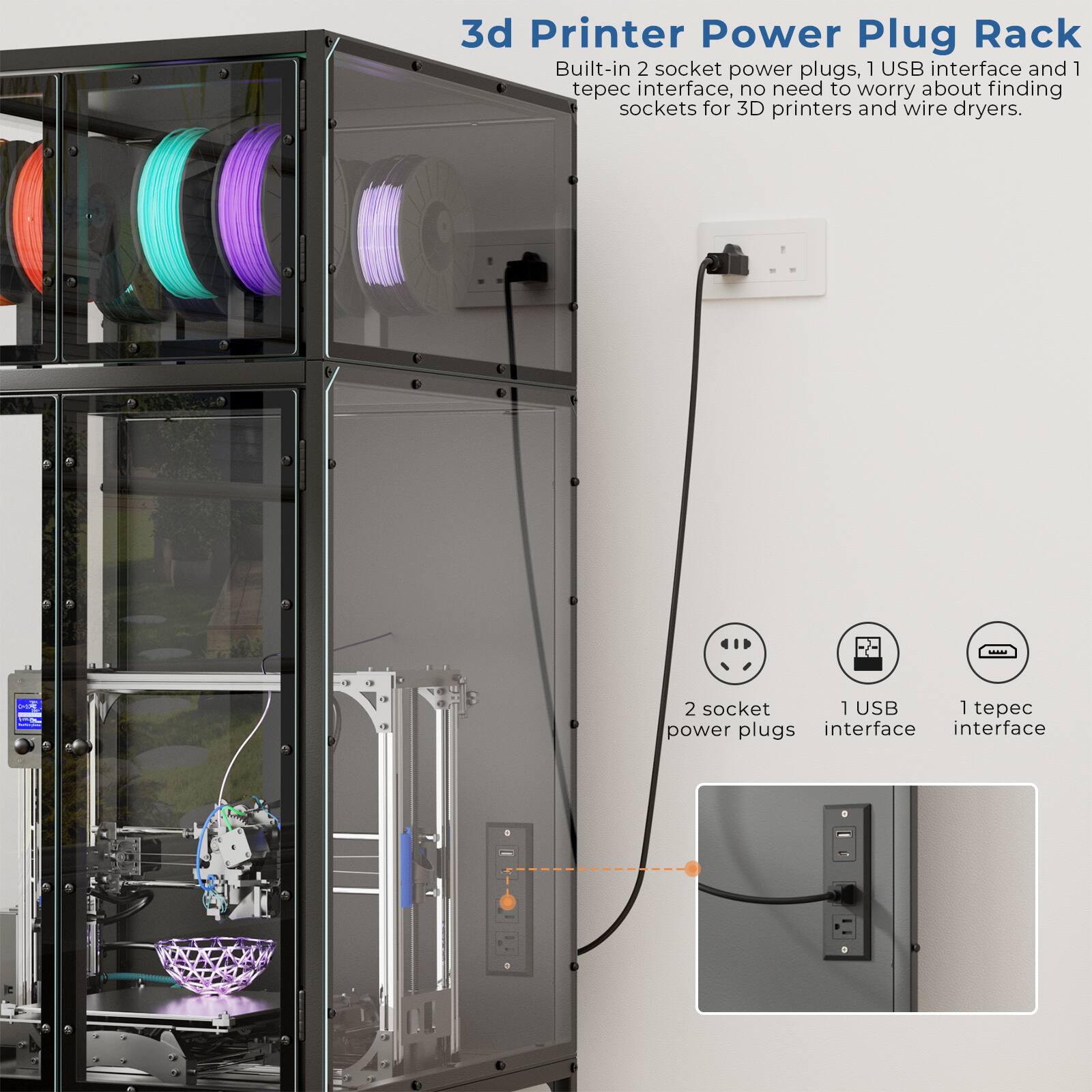 3d Printer Power Plug Rack  
Built-in 2 socket power plugs, 1 USB interface and 1 tepec interface, no need to worry about finding sockets for 3D printers and wire dryers.  
- 2 socket power plugs  
- 1 USB interface  
- 1 tepec interface