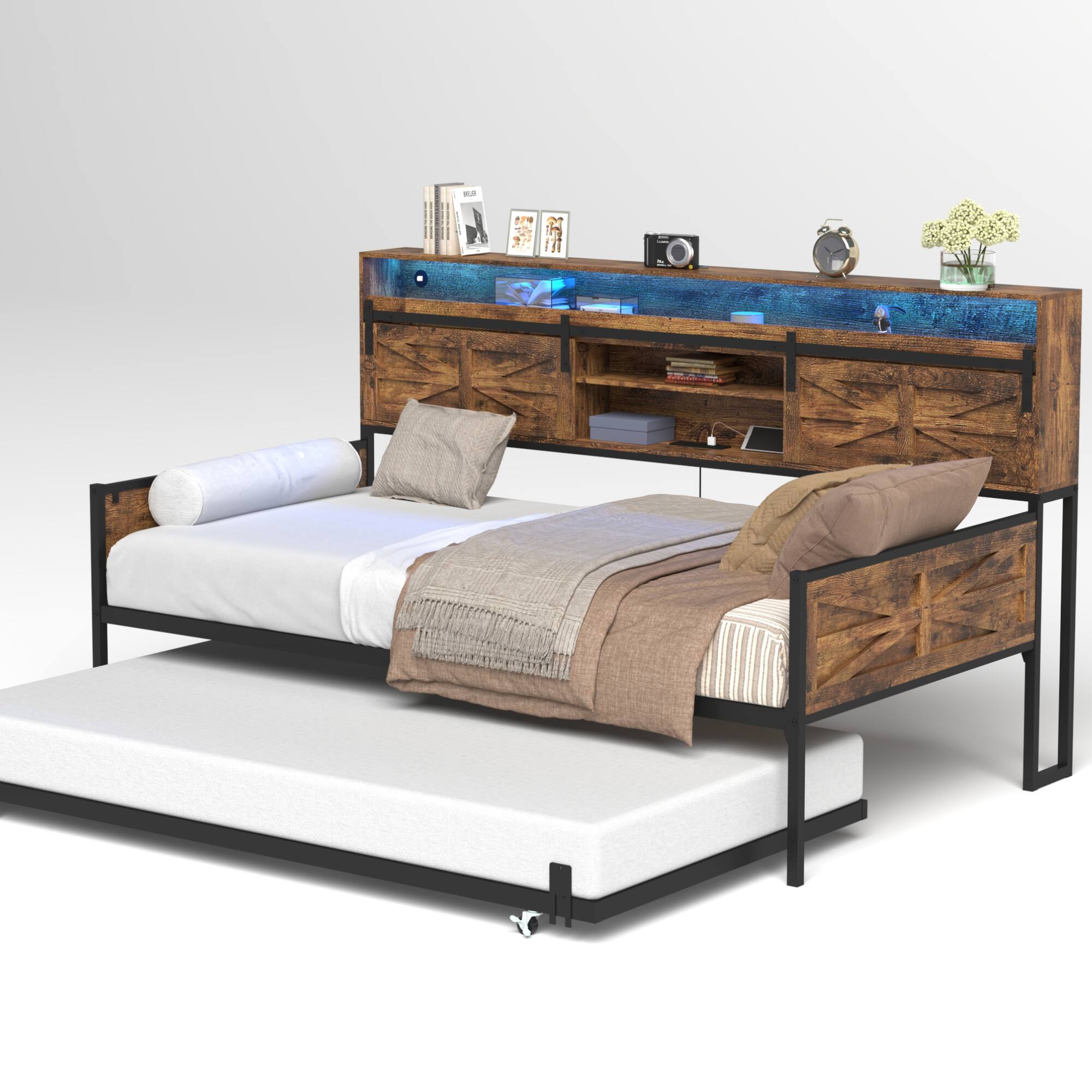 Alt View 7. GOODSILO - Farmhouse Style Twin Daybed with Trundle and Built-In Charging Station for Versatile Bedroom or Guest Room Use - Black+Brown.