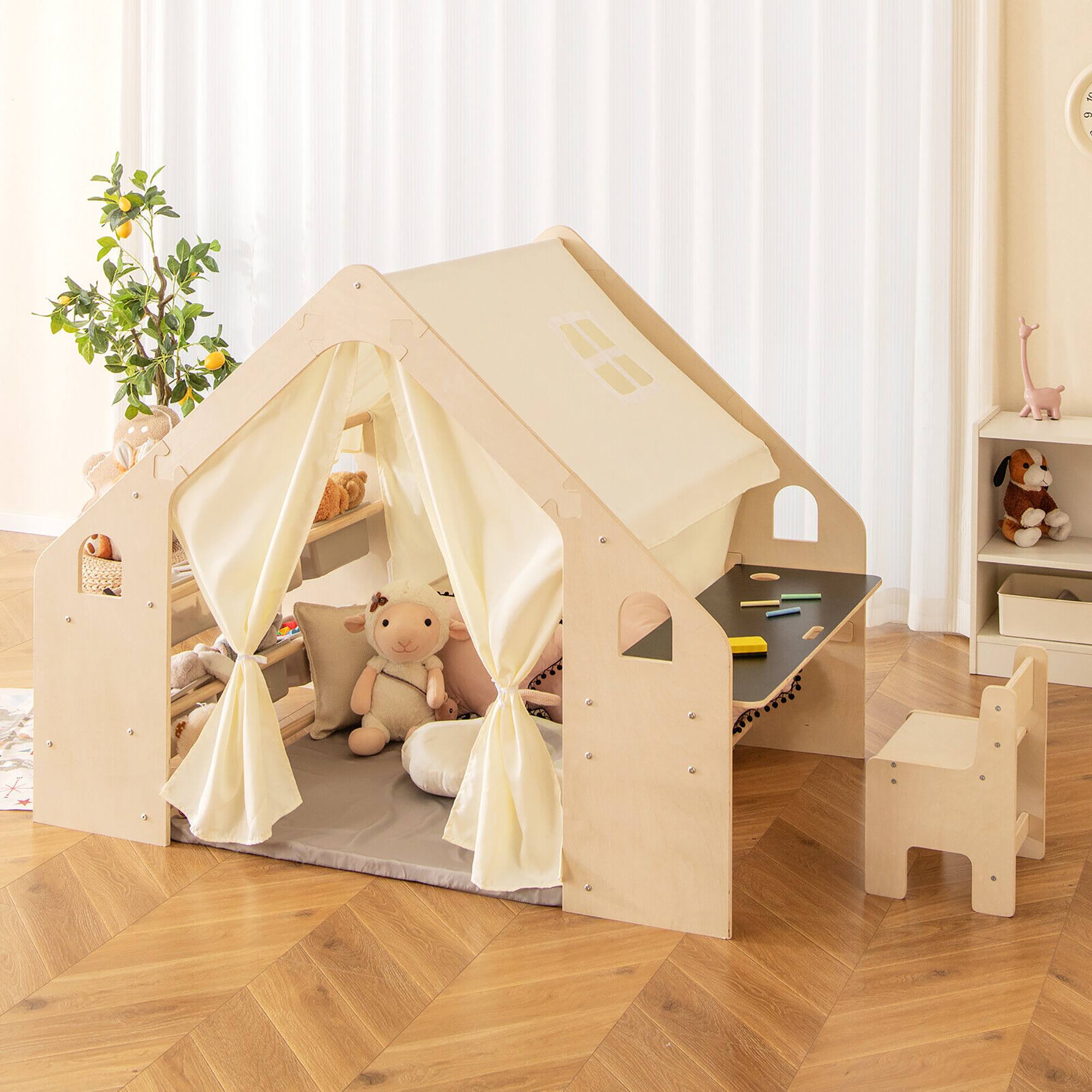 Alt View 1. Gymax - Gymax 6-in-1 Kids Playhouse Wooden Play Tent w/ Blackboard Desk Chair 6 Storage Bins - Natural.