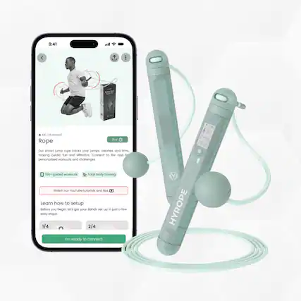 9:41
na - Cadma 4.4 34 (awolven
Buy Rope
Our smart jump rope tracks your jumps, calories and time. Making cardio fun and effective. Connect to the app for personalized workouts and challenges.
EG 0256 2836
100+ guided workouts | Total body training
Watch our YouTube tutorials and tips
Learn how to setup
Before you begin, let's get your Bands set up in just a few easy steps!
1/4 2/4
I'm ready to connect
HYROPE