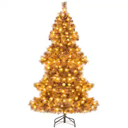WELLFOR - 6 ft Pre‑lit Hinged Pine Artificial Christmas Tree with 493 Branch Tips & 52 Pine Cones, 200 Warm‑White LED Lights - Chocolate