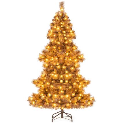 Front. WELLFOR - 6 ft Pre‑lit Hinged Pine Artificial Christmas Tree with 493 Branch Tips & 52 Pine Cones, 200 Warm‑White LED Lights - Chocolate.