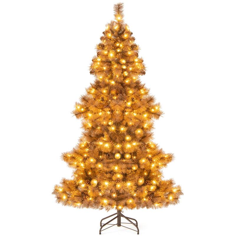 Front. WELLFOR - 6 ft Pre‑lit Hinged Pine Artificial Christmas Tree with 493 Branch Tips & 52 Pine Cones, 200 Warm‑White LED Lights - Chocolate.