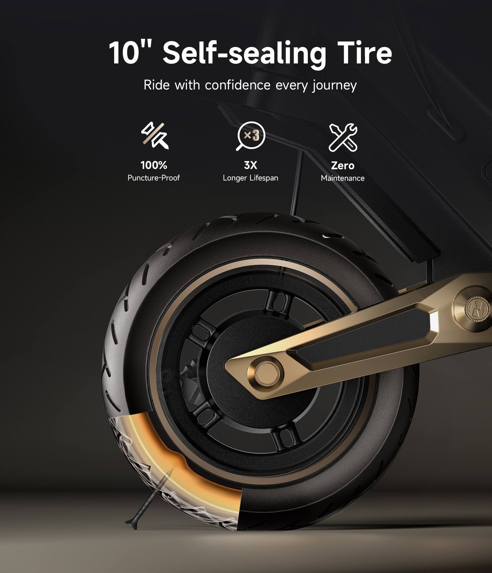 10" Self-sealing Tire  
Ride with confidence every journey  

- 100% Puncture-Proof  
- 3X Longer Lifespan  
- Zero Maintenance
