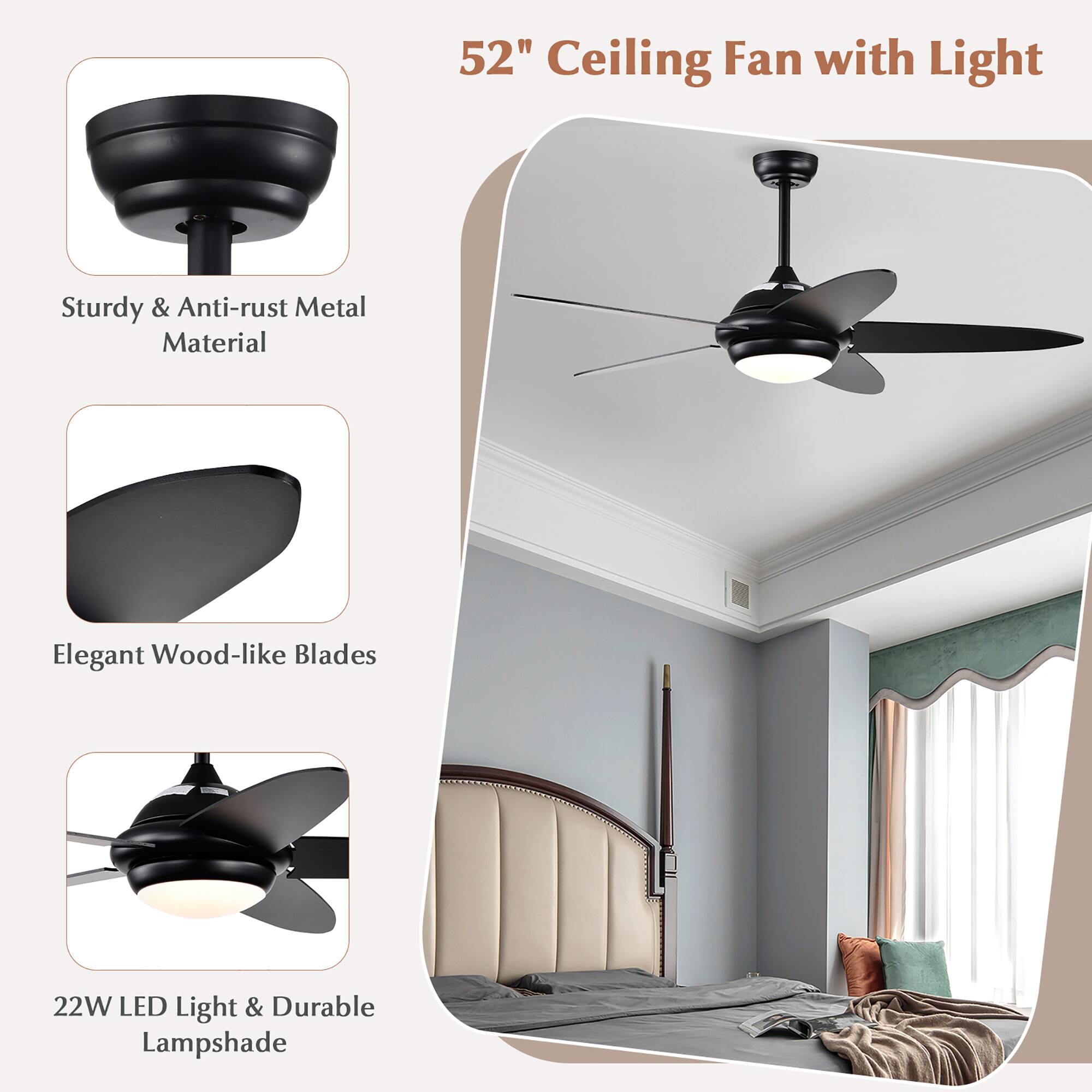 52" Ceiling Fan with Light: Sturdy & Anti-rust Metal Material, Elegant Wood-like Blades, 22W LED Light & Durable Lampshade