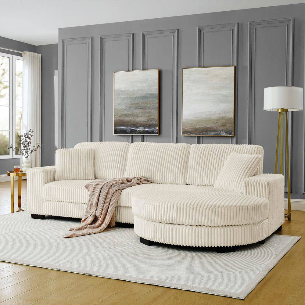 Alt View 1. Kadyn - Modular Sleeper Sectional with Ottoman, L-Shaped Corduroy Sofa with Tufted Design, Beige - Beige.
