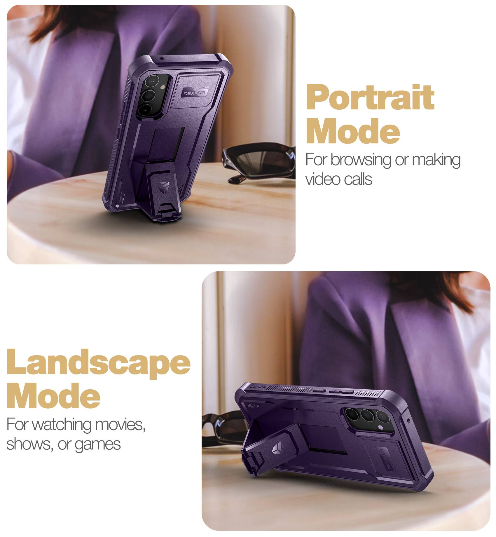 Portrait Mode  
For browsing or making video calls

Landscape Mode  
For watching movies, shows, or games