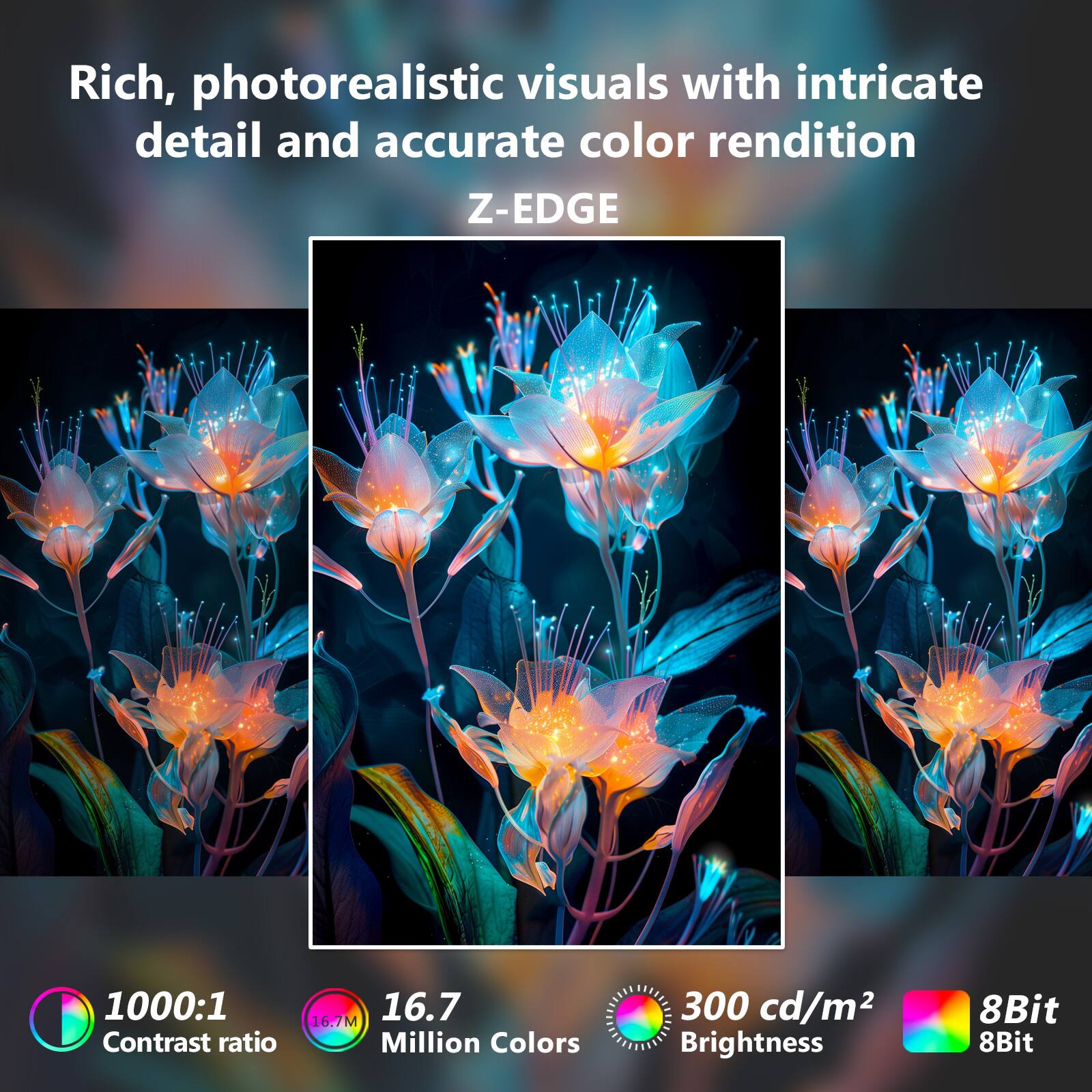 Rich, photorealistic visuals with intricate detail and accurate color rendition

Z-EDGE

- 1000:1 Contrast ratio
- 16.7 Million Colors
- 300 cd/m² Brightness
- 8Bit