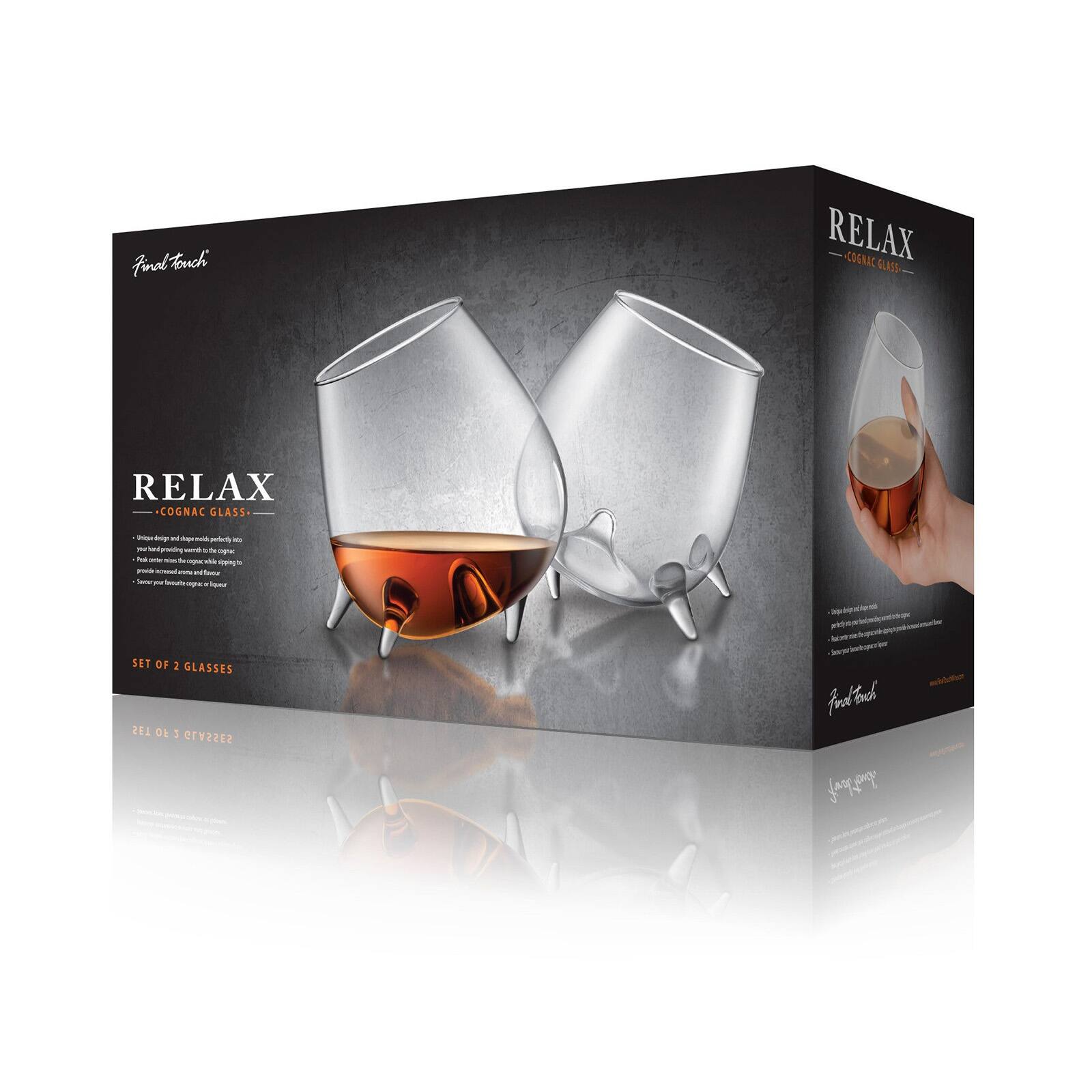 Ford: Touch

RELAX COGNAC GLASS

Unique design and shape perfectly suited to your hand providing the open Ask for the cognac and the Highac pping's powder sonned rona and flavour - PM hoorts opic Iqueur

SET OF 2 GLASSES

- Serportenger - Refinementdesposter.com/ Touch prograpes