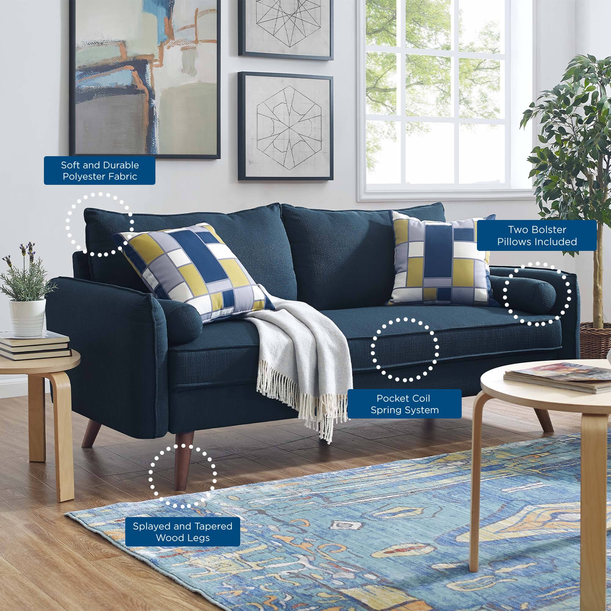 - Soft and Durable Polyester Fabric
- Two Bolster Pillows Included
- Pocket Coil Spring System
- Splayed and Tapered Wood Legs