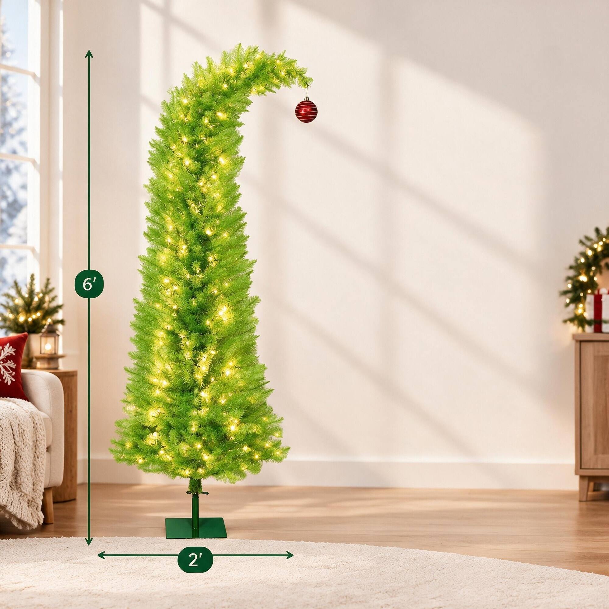 Alt View 3. RYHNUYNE - 6FT Pre-Lit Whimsical Pencil Christmas Tree With 230 LED Lights and Red Balls, Metal Base - Green.