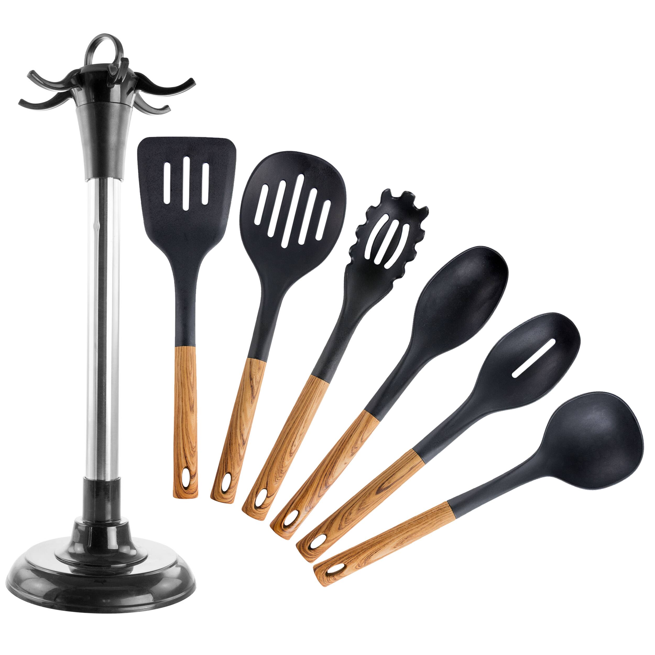 Alt View 9. MegaChef - MegaChef Black Nylon Cooking Utensils with Wood Design, Set of 7 - Black.