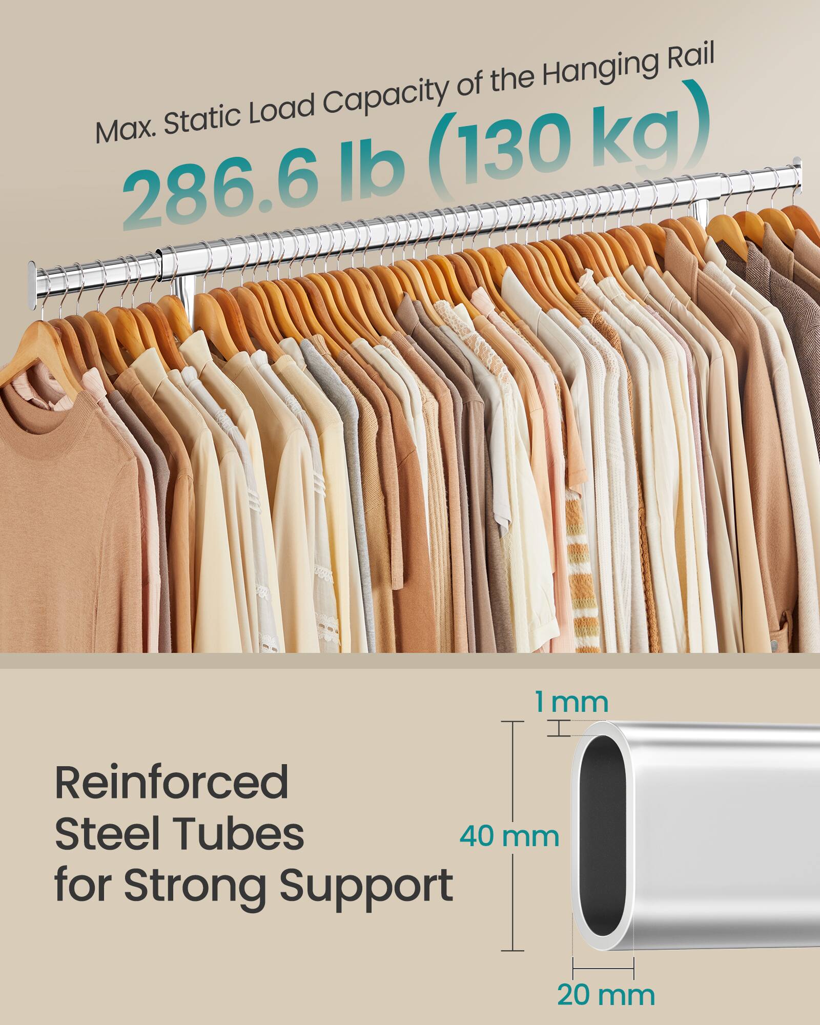 Max. Static Load Capacity of the Hanging Rail: 286.6 lb (130 kg)

Reinforced Steel Tubes for Strong Support

1 mm
40 mm
20 mm