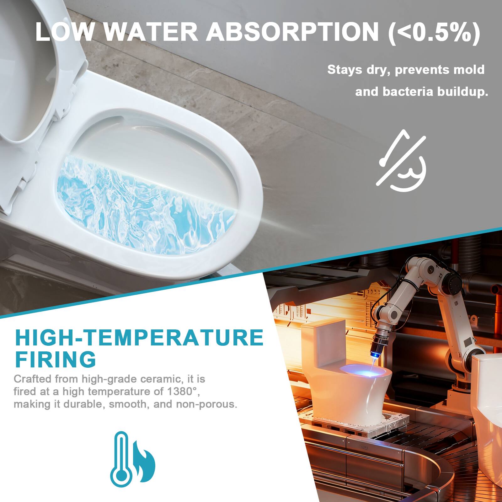 LOW WATER ABSORPTION (<0.5%)  
Stays dry, prevents mold and bacteria buildup.

HIGH-TEMPERATURE FIRING  
Crafted from high-grade ceramic, it is fired at a high temperature of 1380°, making it durable, smooth, and non-porous.