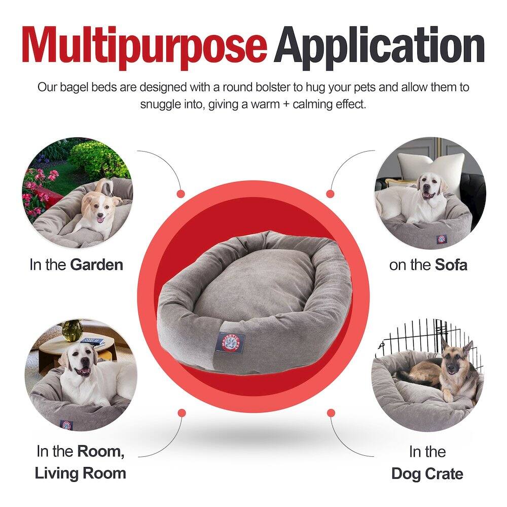 Multipurpose Application

Our bagel beds are designed with a round bolster to hug your pets and allow them to snuggle into, giving a warm + calming effect.

- In the Garden
- In the Room, Living Room
- on the Sofa
- In the Dog Crate