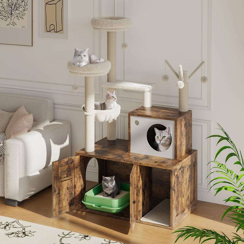 Angle. GARVEE - Multi-Level Cat Tree w/Hidden Litter Box - 3-in-1 Tower w/Condo, Hammock & Scratching Posts, Odor-Control Design - Brown.