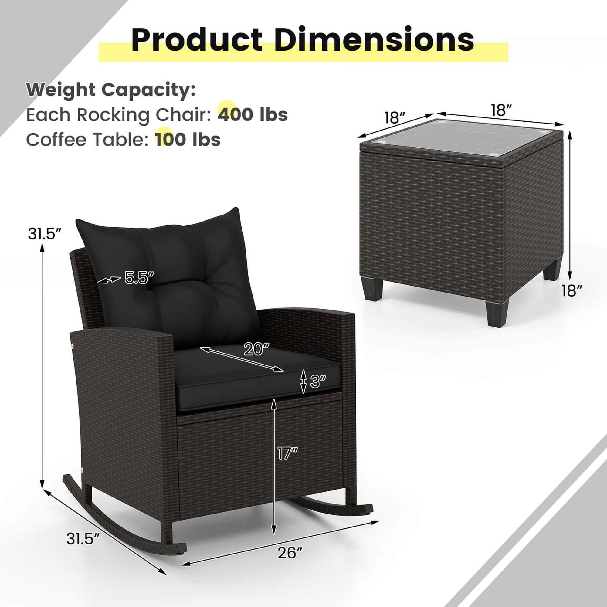Product Dimensions:
- Weight Capacity: Each Rocking Chair: 400 lbs
- Coffee Table: 100 lbs
- Measurements:
- 18" x 18" x 31.5"
- 5.5" x 18" x 20"
- 18" x 31.5" x 26"