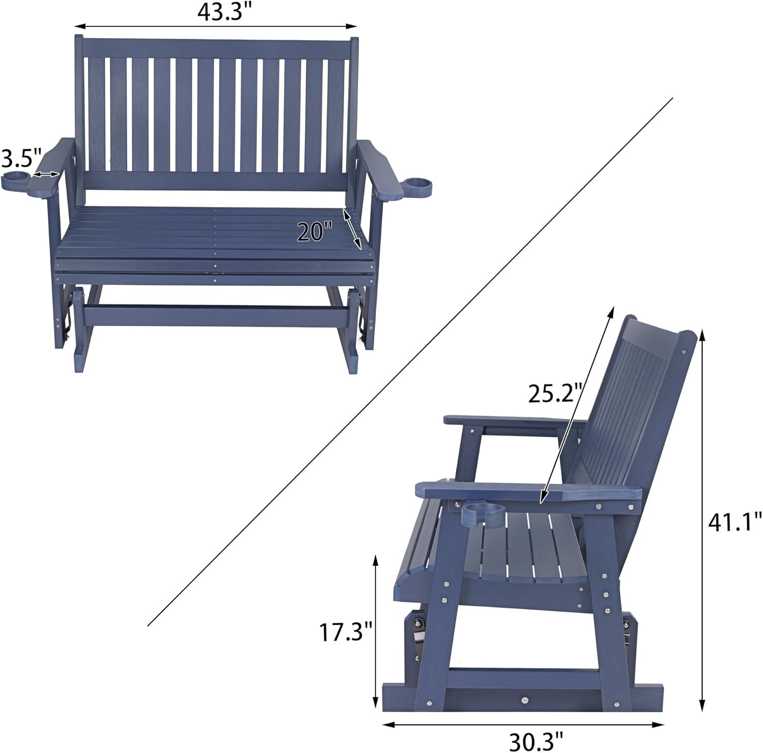 - Length: 43.3"
- Width: 20"
- Height: 17.3"
- Armrest Height: 3.5"
- Seat Height: 17.3"
- Back Height: 25.2"
- Seat Depth: 20"
- Overall Height: 41.1"
- Overall Width: 30.3"