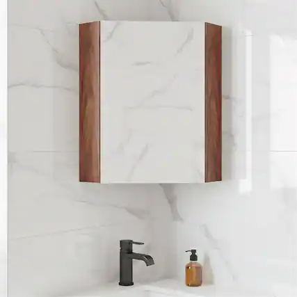 Front. Pefilos - Corner Medicine Cabinet with Mirror, Open Door Adjustable Shelf, Soft-Close Hinges, Brown - Brown.