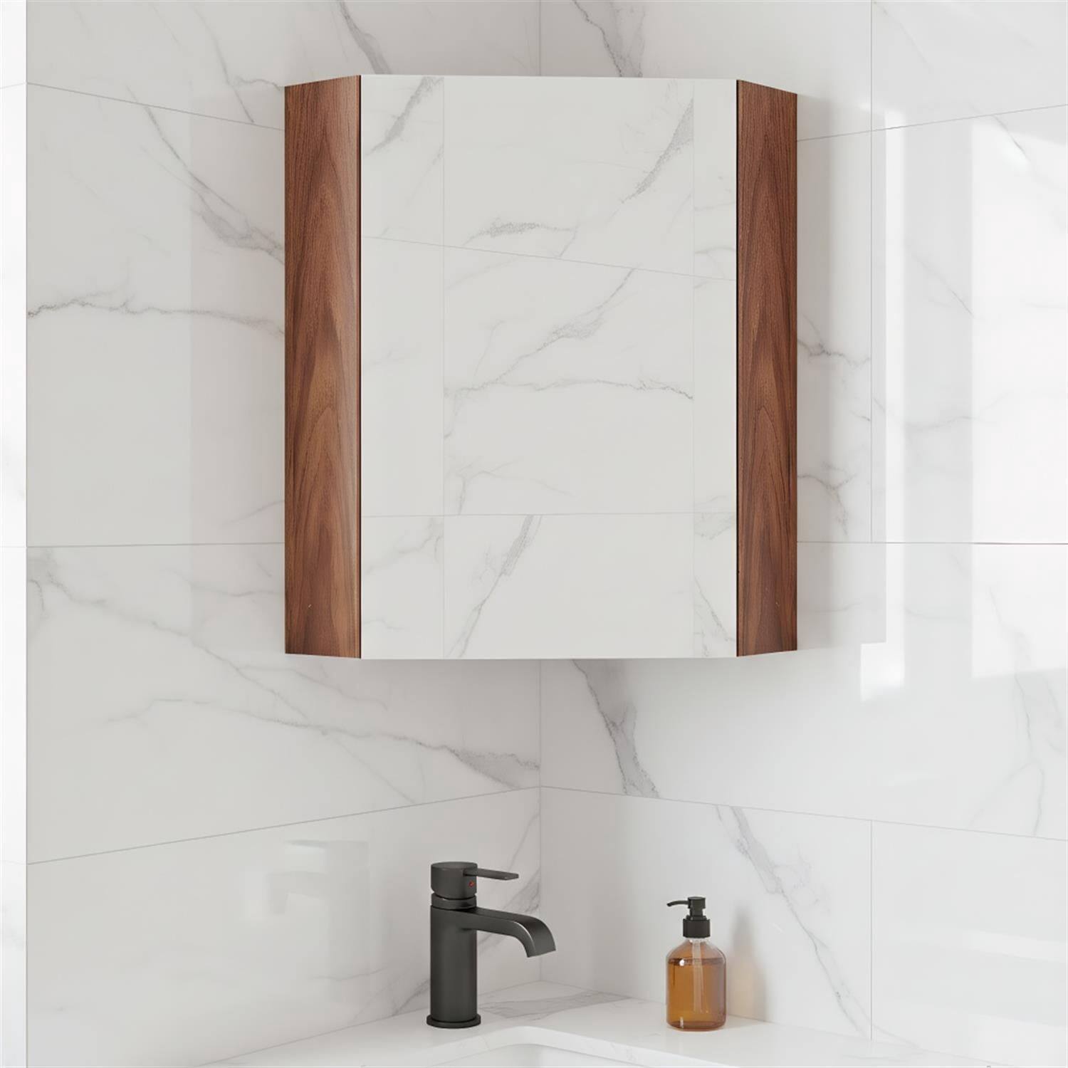 Front. Pefilos - Corner Medicine Cabinet with Mirror, Open Door Adjustable Shelf, Soft-Close Hinges, Brown - Brown.