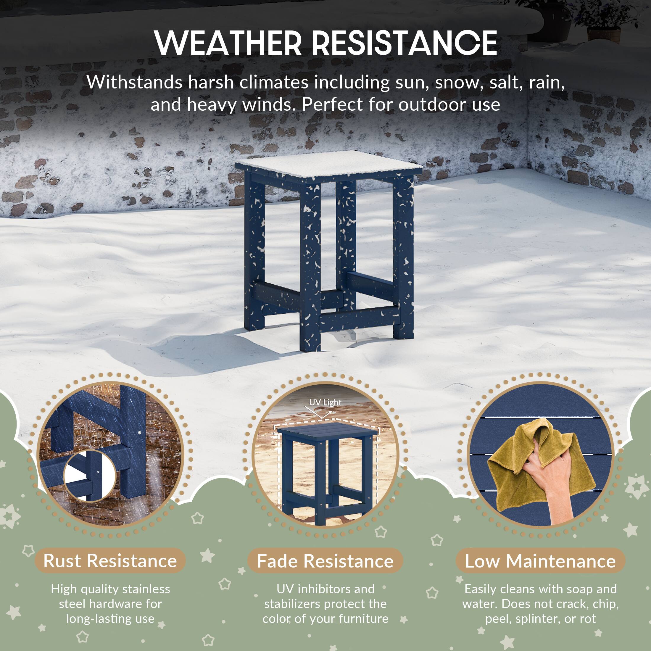WEATHER RESISTANCE

Withstands harsh climates including sun, snow, salt, rain, and heavy winds. Perfect for outdoor use

UV Light

Rust Resistance
High quality stainless steel hardware for long-lasting use

Fade Resistance
UV inhibitors and stabilizers protect the color of your furniture

Low Maintenance
Easily cleans with soap and water. Does not crack, chip, peel, splinter, or rot