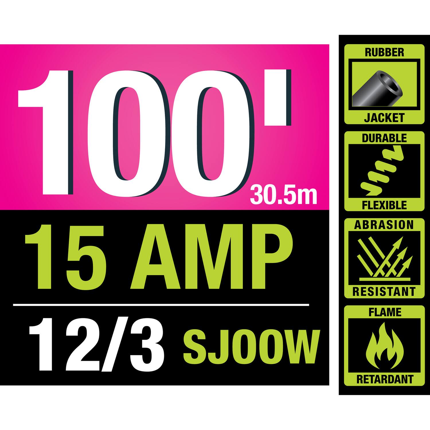 RUBBER JACKET 100' 30.5m DURABLE FLEXIBLE ABRASION RESISTANT FLAME RETARDANT 15 AMP 12/3 SJ00W