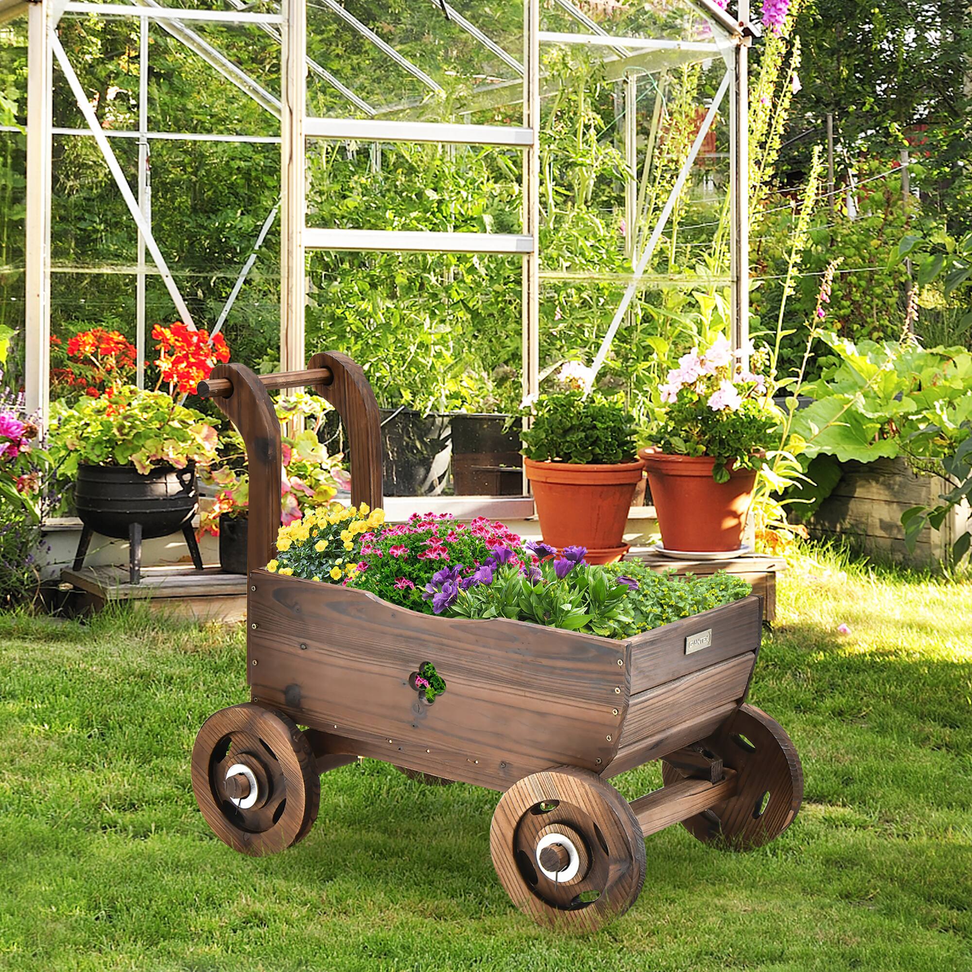 Alt View 5. Costway - Decorative Wagon Cart Plant Flower Pot Stand Wooden Raised Garden Planter Box - Rustic Brown.