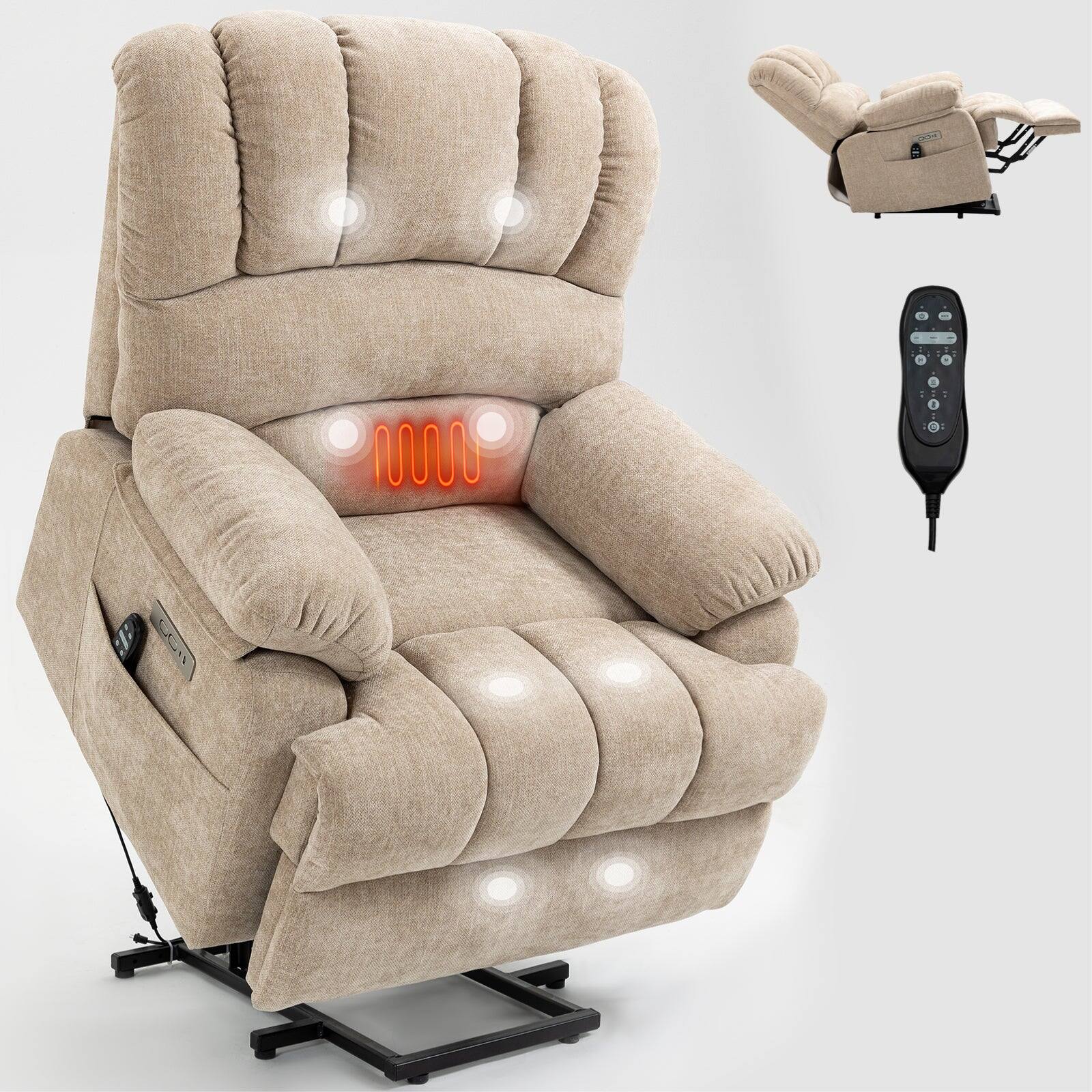 Front. Boyel Living - Beige Large Size Chenille Power Lift Recliner Chair with 8 Point Vibration Massage and Lumbar Heating - Beige.