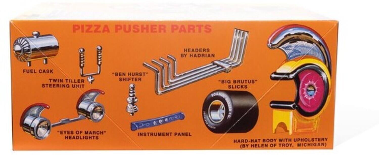 PIZZA PUSHER PARTS  
HEADERS BY HADRIAN  
FUEL CASK  
TWIN TILLER STEERING UNIT  
"BEN HURST" SHIFTER  
"BIG BRUTUS" SLICKS  
"BO4 CO."  
"EYES OF MARCH" HEADLIGHTS  
INSTRUMENT PANEL  
HARD-HAT BODY WITH UPHOLSTERY (BY HELEN OF TROY, MICHIGAN)