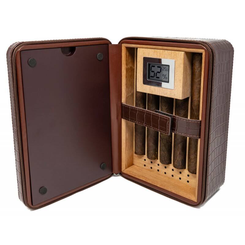 Angle. Prestige - Manhattan XL Travel Humidor (Brown) - Brown Crocodile Pattern Leather.