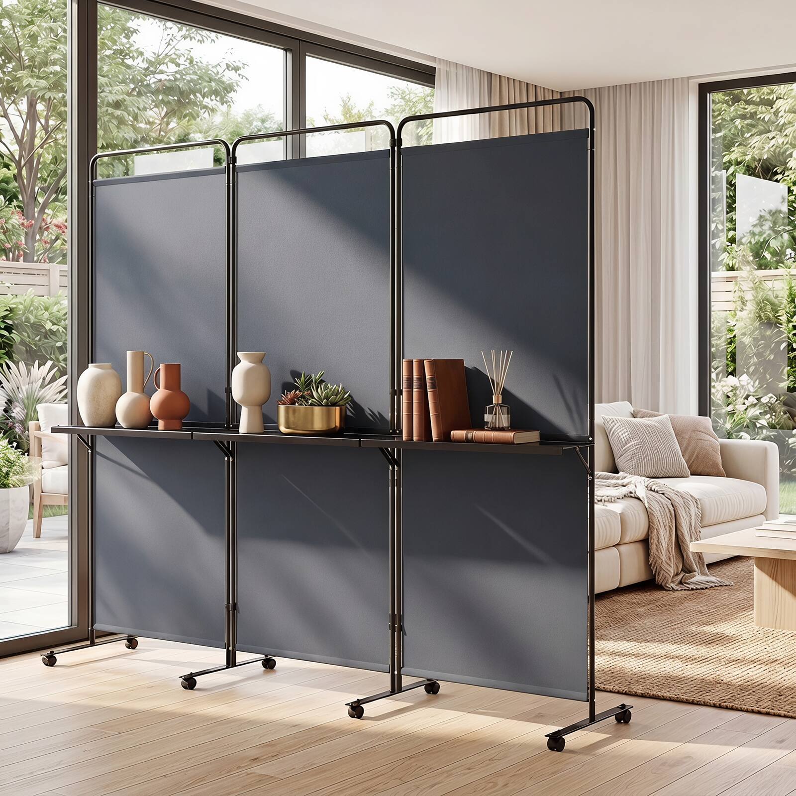 Alt View 1. Costway - Costway 3-Panel Room Divider with Storage Shelves 6FT Tall Folding Privacy Screen on Wheels - Gray.
