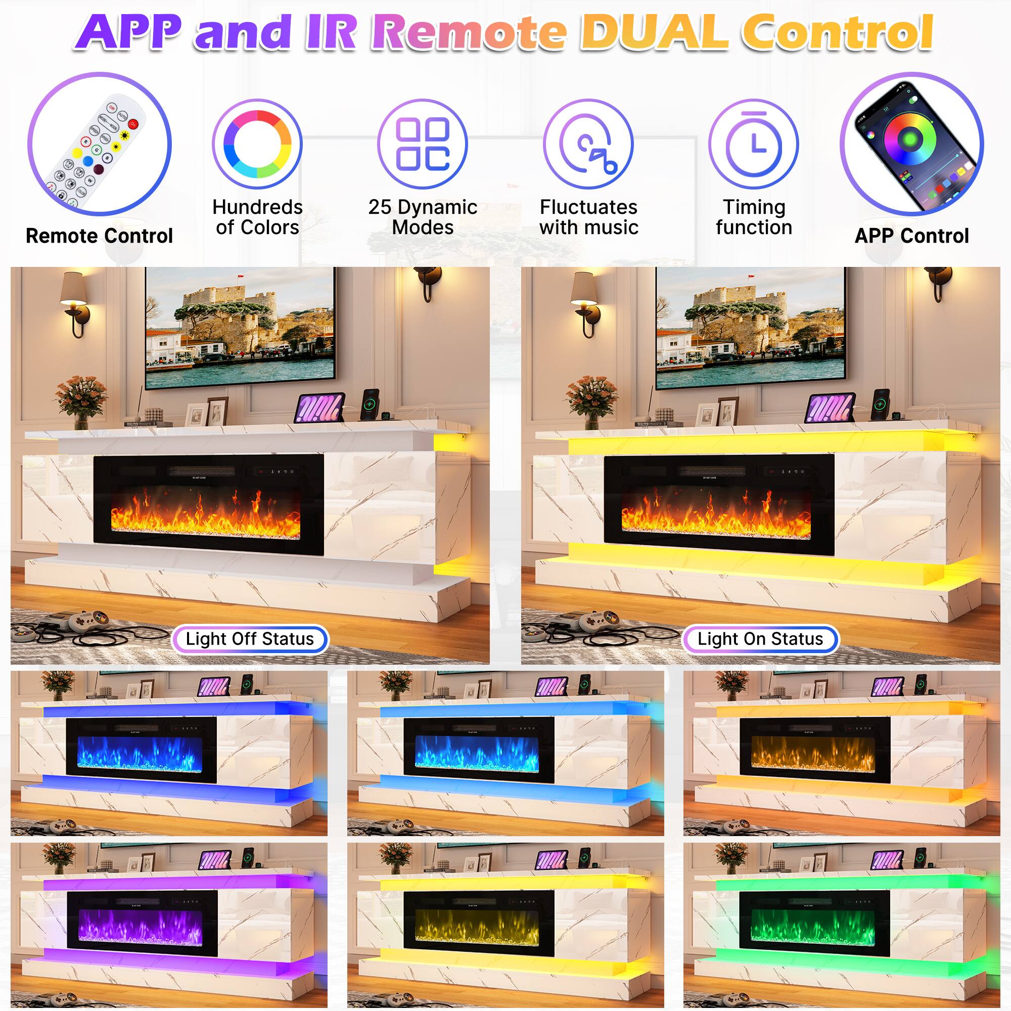 APP and IR Remote DUAL Control

- Remote Control
- Hundreds of Colors
- 25 Dynamic Modes
- Fluctuates with music
- Timing function
- APP Control

Light Off Status

Light On Status