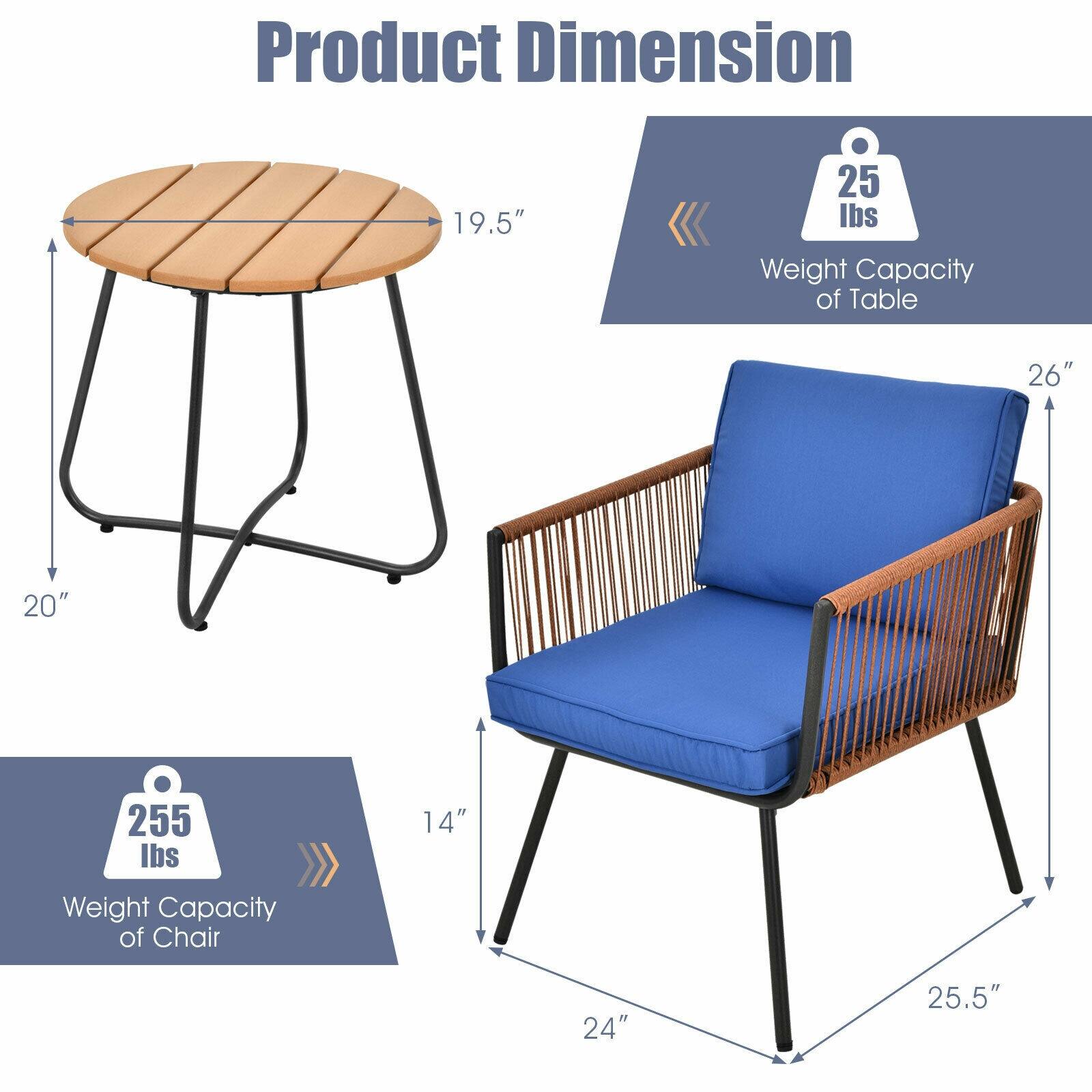 Product Dimension

- Table:
  - Diameter: 19.5"
  - Height: 20"
  - Weight Capacity: 25 lbs

- Chair:
  - Width: 26"
  - Depth: 25.5"
  - Height: 14"
  - Weight Capacity: 255 lbs