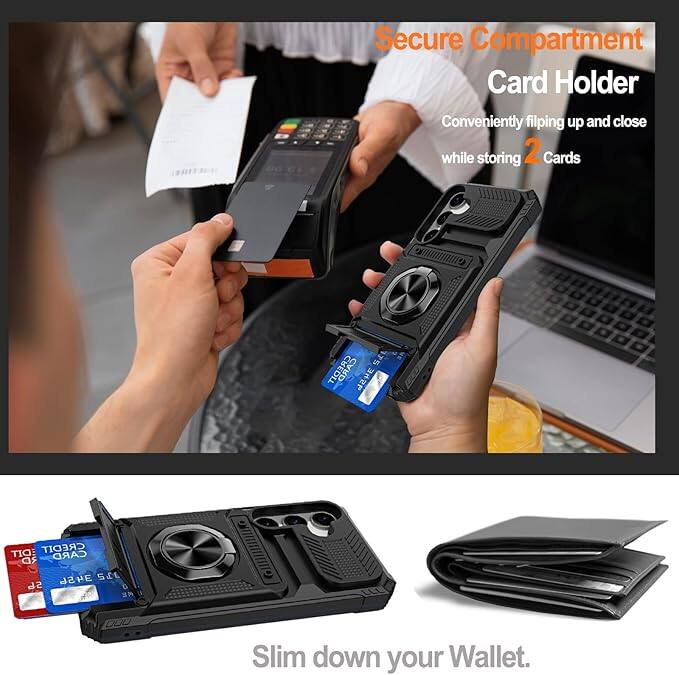 Secure Compartment Card Holder  
Conveniently flipping up and close while storing 2 Cards  

Slim down your Wallet.