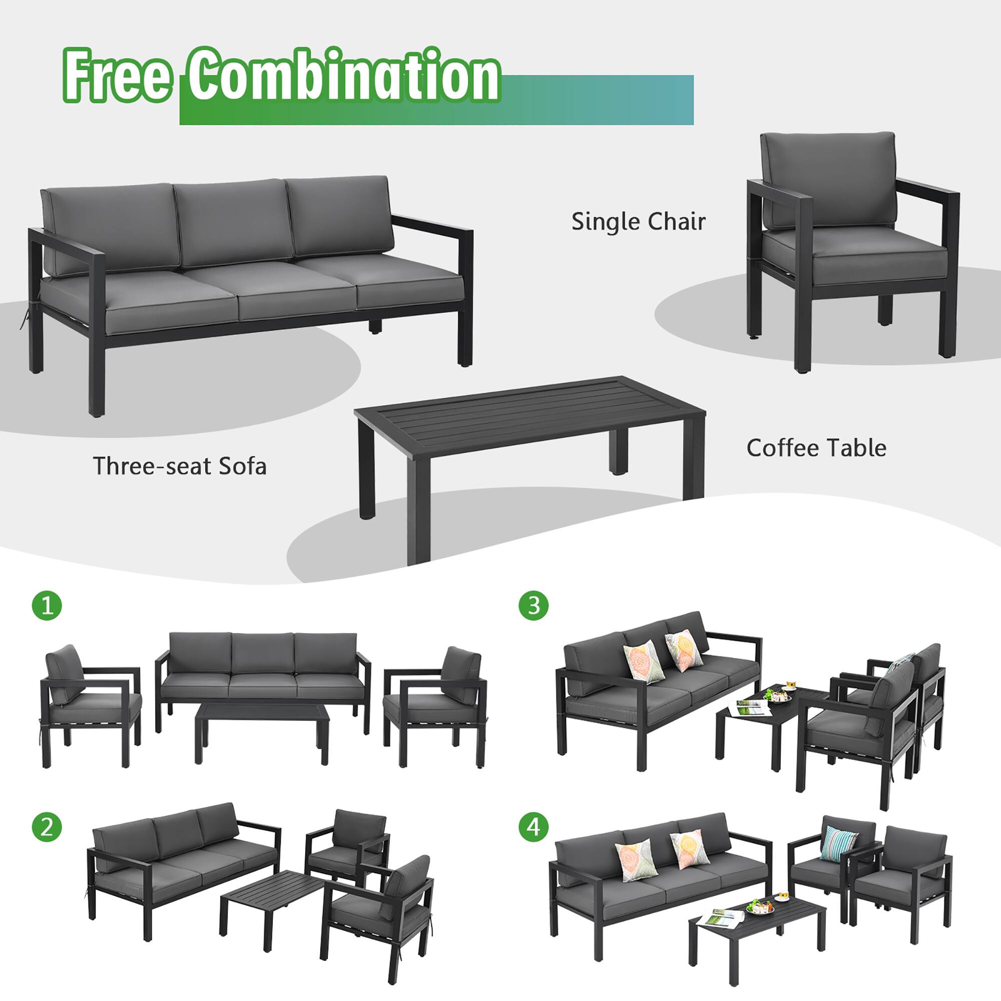 Free Combination

Single Chair  
Three-seat Sofa  
Coffee Table  

1  
2  
3  
4