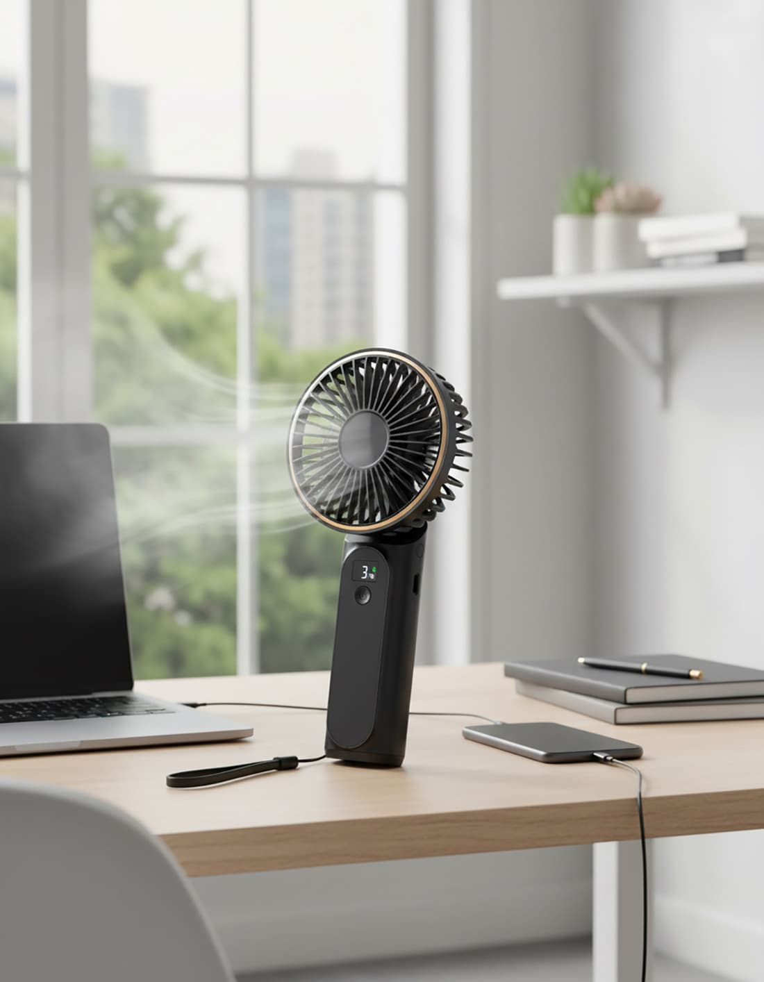 Alt View 4. FINEAK - Black 4000mAh Rechargeable Foldable Handheld Fan 6-Speed Quiet Power Bank.