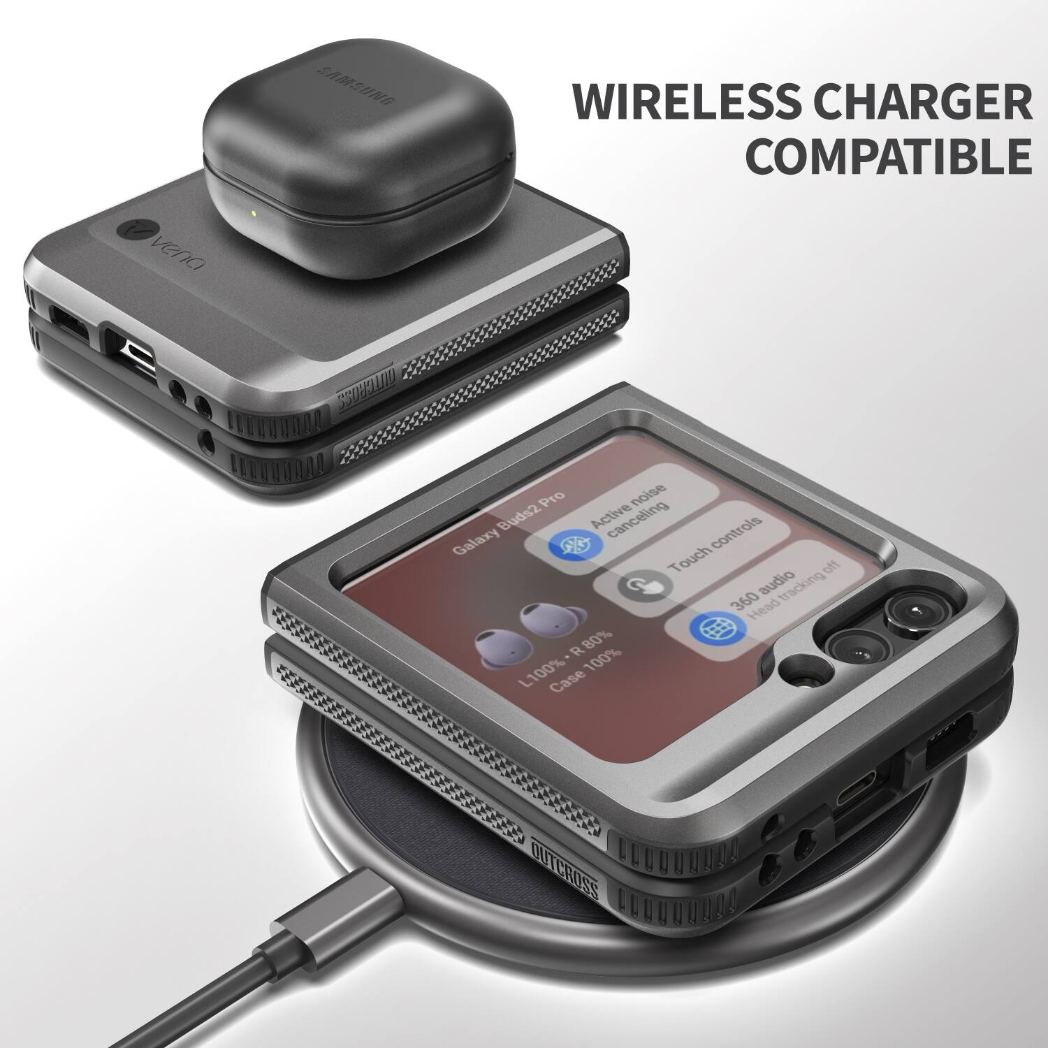 SAMSUNG WIRELESS CHARGER COMPATIBLE vena SHO9LN Pro noise Buds2 Active canceling Galaxy controls Touch off audio tracking 360 Head R 80% L100% Case OUTCROSS
