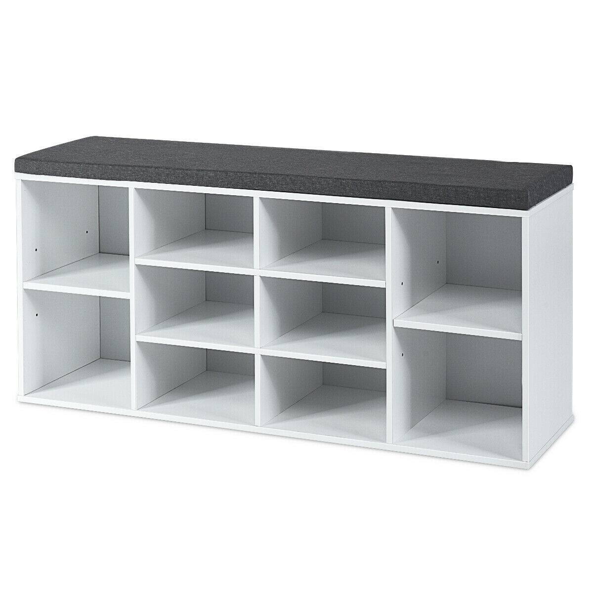 Front. Gymax - Gymax Entryway Padded Shoe Storage Bench 10-Cube Organizer Bench Adjustable White - White.