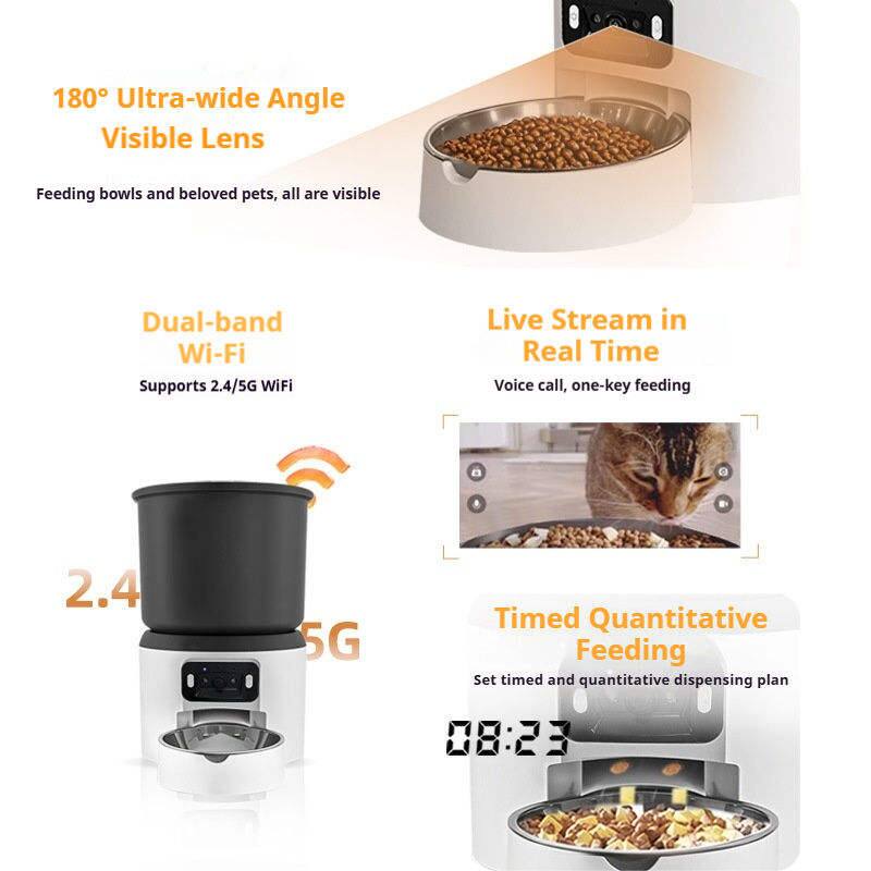 180° Ultra-wide Angle Visible Lens  
Feeding bowls and beloved pets, all are visible  

Dual-band Wi-Fi  
Supports 2.4/5G WiFi  

Live Stream in Real Time  
Voice call, one-key feeding  

Timed Quantitative Feeding  
Set timed and quantitative dispensing plan  

2.4 5G  

08:23