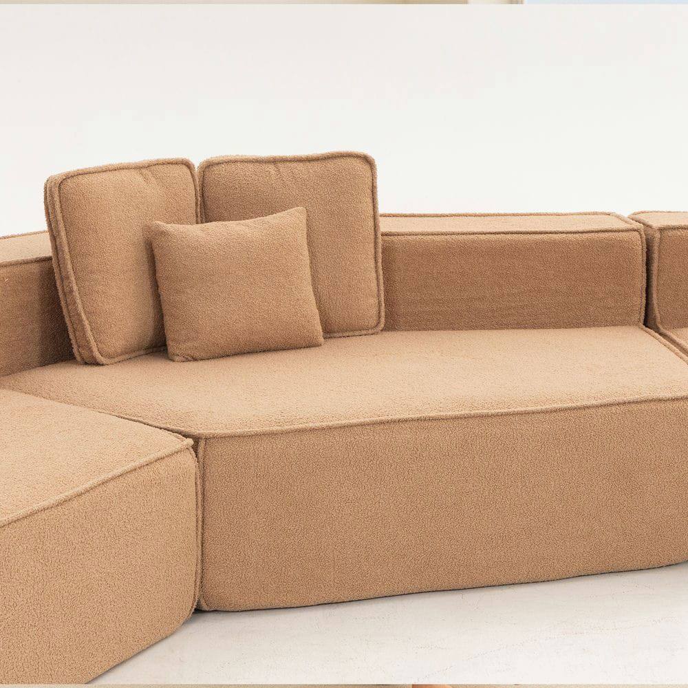 Left. Kadyn - 181" Extra Large Teddy Sherpa Sofa - Full-Foam Couch with 9 Pillows, Flexible Layout for Living Rooms - Brown.