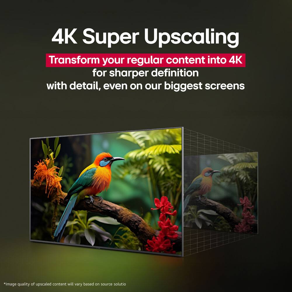 4K Super Upscaling  
Transform your regular content into 4K for sharper definition with detail, even on our biggest screens  

*Image quality of upscaled content will vary based on source solution