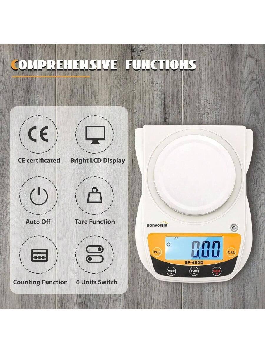 COMPREHENSIVE FUNCTIONS

- CE certificated
- Bright LCD Display
- Auto Off
- Tare Function
- Counting Function
- 6 Units Switch

Bonvoisin SF-400D
