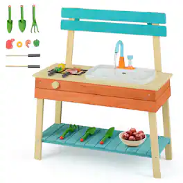 Costway - Play Kitchen for Kids Wooden Toy Kitchen Playset with Wood Skewers Grill Rack - Multicolor